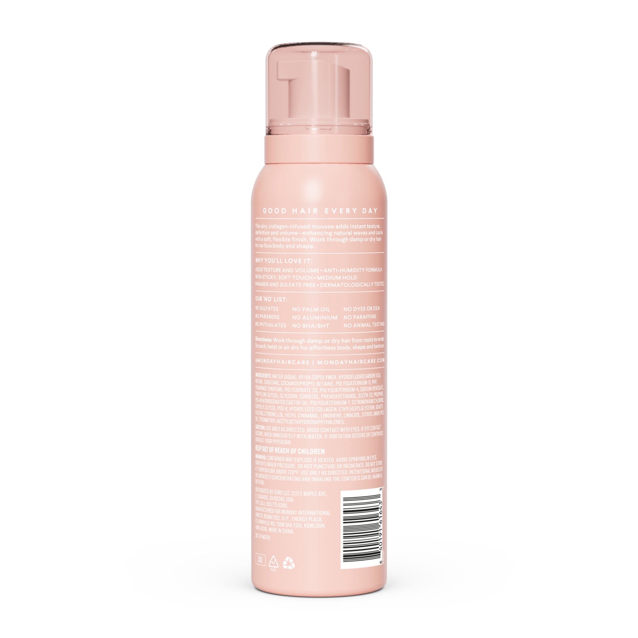 MONDAY Haircare VOLUME Texturizing Mousse with Hydrolysed Collagen – for Instant Texture & Volume, 7 oz