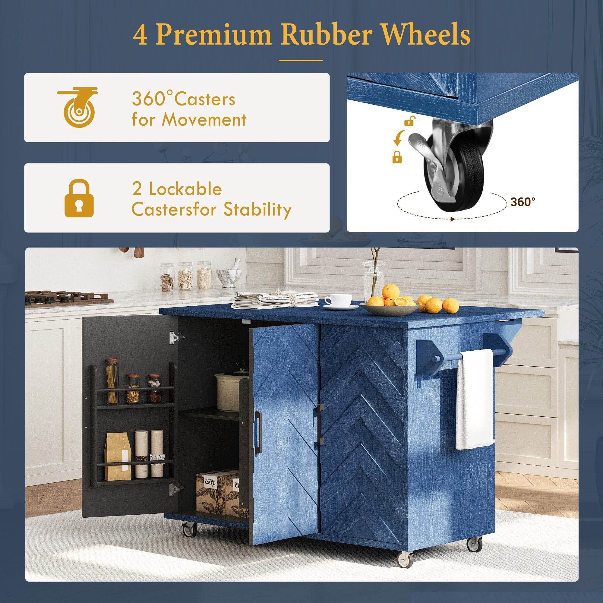 AENKYO 51.2"W 3D Wave Stripes Ash Veneer (Not Cheap Paper) Kitchen Island with Drop Leaf, Farmhouse Kitchen Island on Wheels with Internal Storage Rack, Rolling Kitchen Cart for Dining Room(Blue)