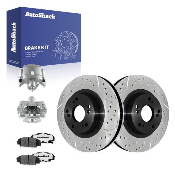 AutoShack Front Vented Drilled & Slotted E-Coated Brake Rotors   Ceramic Pads   Calipers 8-PC Brake Kit Replacement for 2006-2011 Honda Civic 2002-2006 Acura RSX ShadowGuard 11.81" (300 mm)