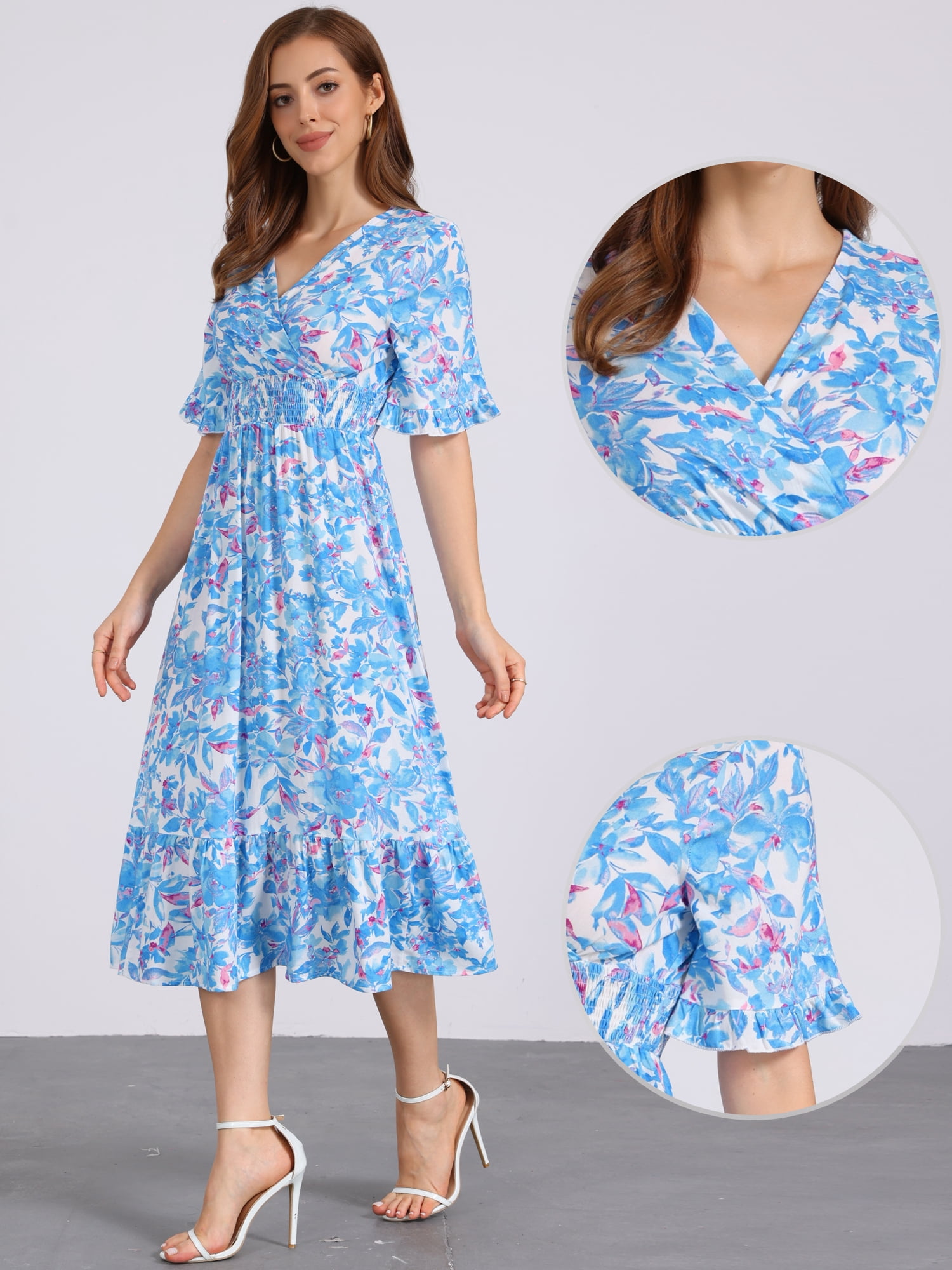 DARING DIVA Floral Summer Casual Ruffled Hem Wrap Midi Dress M Blue White