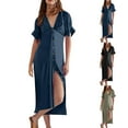 thumbnail image 1 of Gspmoly Robe pour Femmes, Robe d'Été Européenne à Manches Courtes Col en V avec Boutons et Nœud, Robe Longue à Manches Courtes Col en V et Cheville, Robes de Travail pour Femmes jusqu'à 60 % de Réduction, 1 of 3