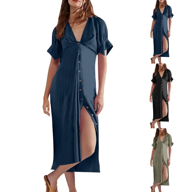 Gspmoly Robe pour Femmes, Robe d'Été Européenne à Manches Courtes Col en V avec Boutons et Nœud, Robe Longue à Manches Courtes Col en V et Cheville, Robes de Travail pour Femmes jusqu'à 60 % de Réduction