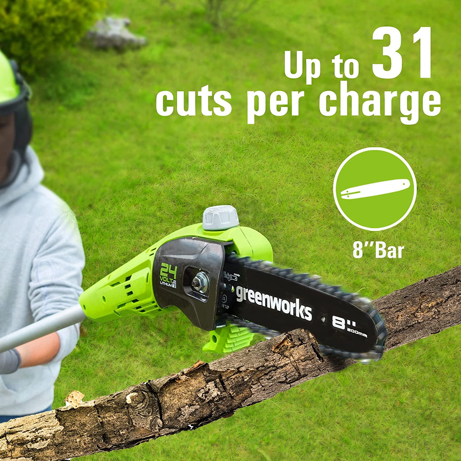 Greenworks 24V 8” Polesaw / Pole Hedge Trimmer Combo, 2.0Ah Battery and Charger