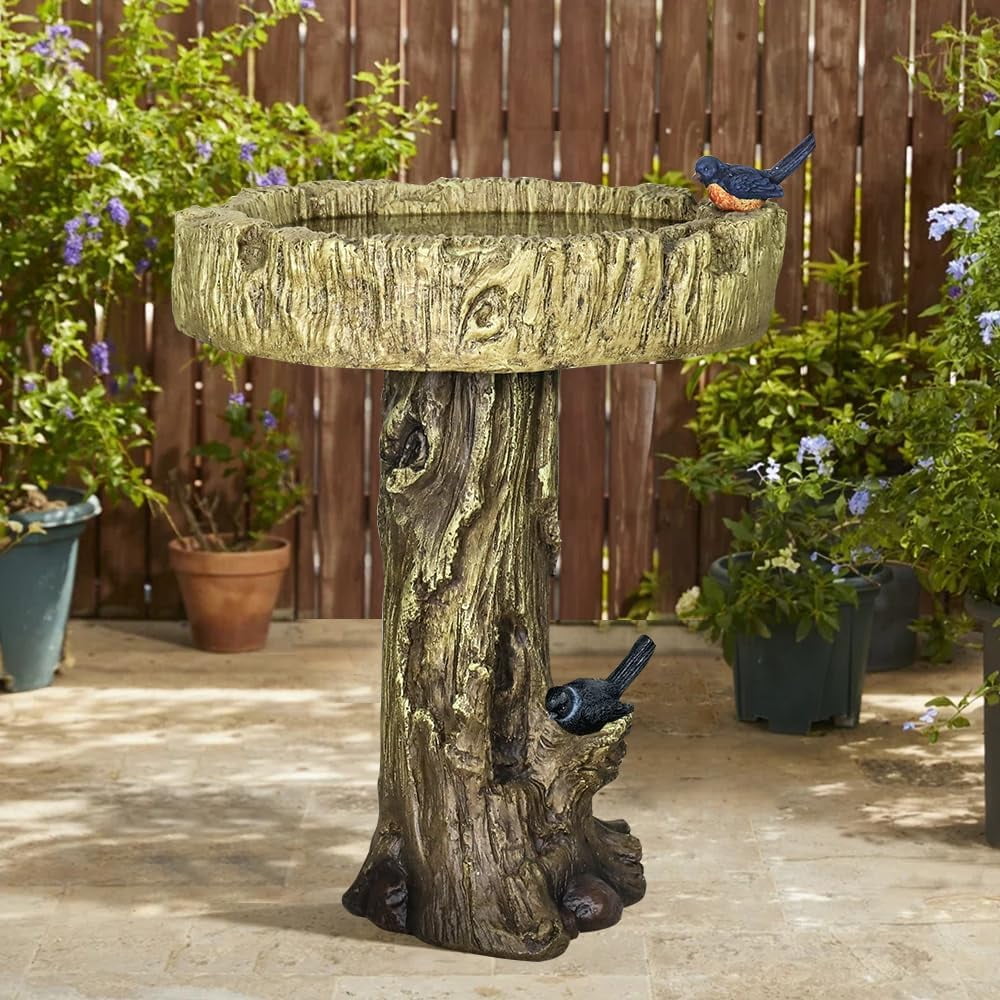 24.4” H Fibre Reinforced Concrete Outdoor Garden Bird Bath with Birds, Woodland Tree Trunk Decoration Yard Statue，Pedestal Birdbaths for Outdoors, Garden, Patio, Lawn, Backyard