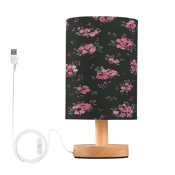 Black Background Pink Flowers Table Lamp, Fully Dimmable Nightstand Lamp with USB and Linen Fabric Shade, Modern Gifts for Bedroom, Living Room, Office