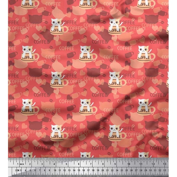 Soimoi Poly Georgette Fabric Heart,Coffee Cup & Cat Kids Print Fabric by The Yard 42 Inch Wide