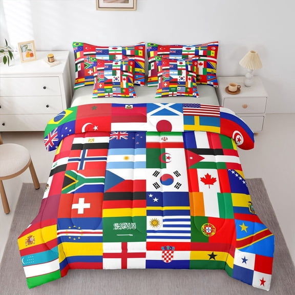 Manfei Country Flag Patchwork 7-Piece Twin Bedding,Global Nation Bedding Comforter Set,Multicolor,Light Gray Reversible