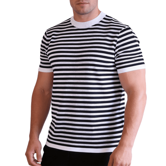 Black & White Striped Knit T-Shirt CrewNeck Short Sleeve Breathable Top