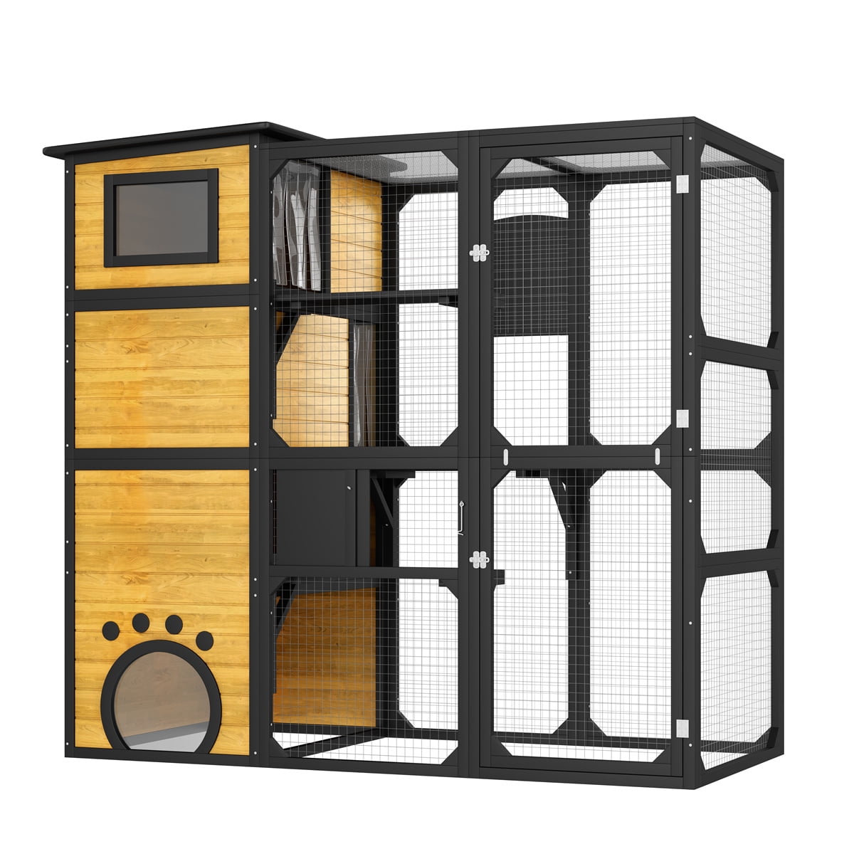 YIORTWO Large Outdoor Catio, 4-Tier Wooden Cat Enclosure Attached to Window, Weatherproof Cat House with Platforms & Resting Rooms, Brown&Black