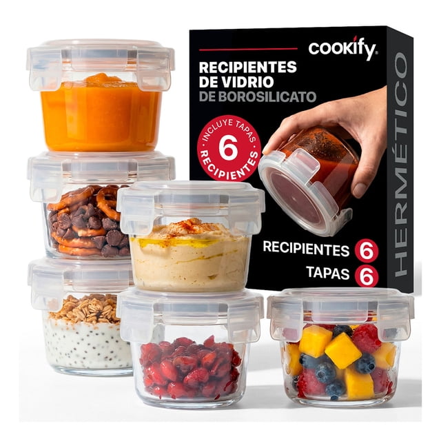 Set 6 Recipentes Redondos De Vidrio Cookify, Tapa Hermética | Refractarios Contenedores Resistentes Sin Bpa, Aptos Para Horno, Congelador