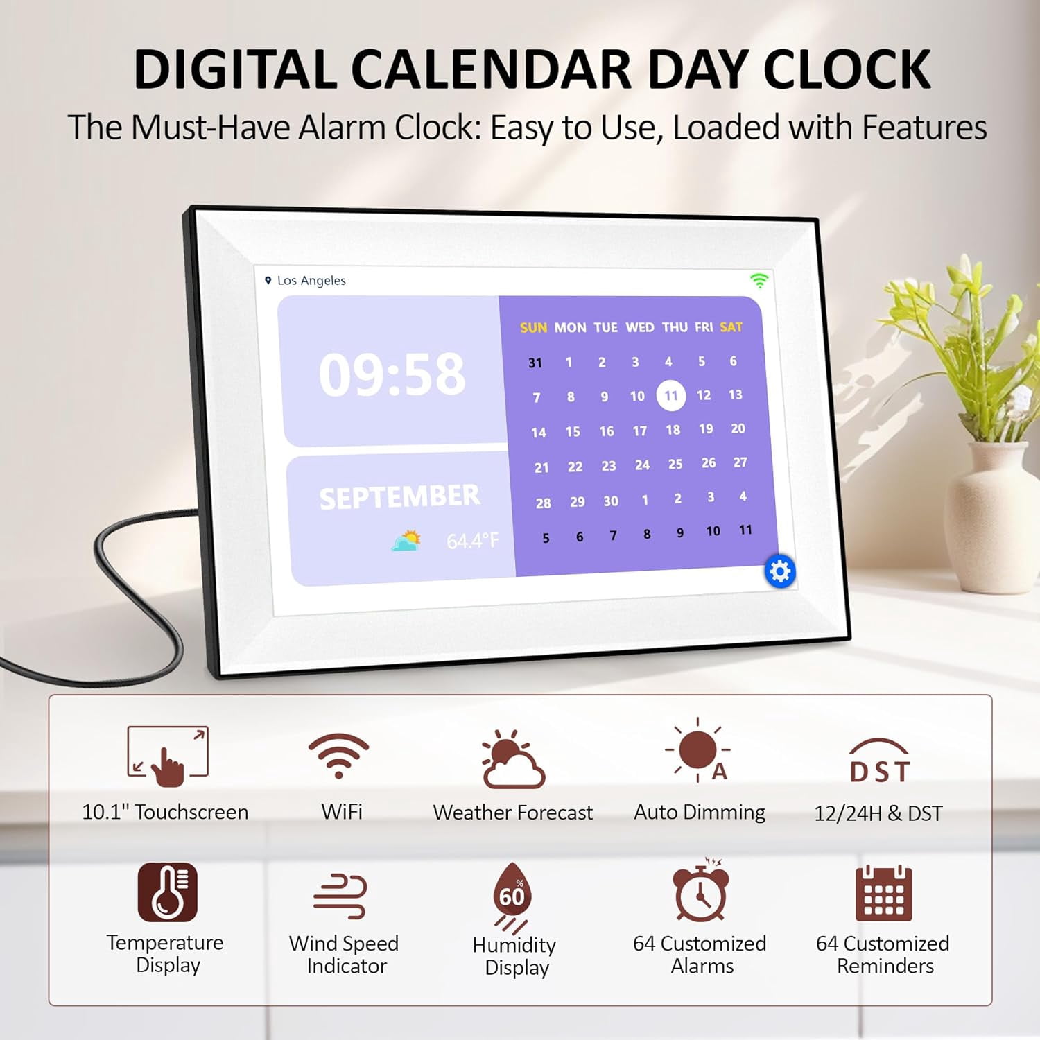WiFi Touch Screen Digital Calendar Clock 10.1 Inch with 64 Custom Alarms Auto-Sync  Date 7-Day Weather Forecast Weekly Schedules Desk Alarm Clock for Bedroom Kitchen