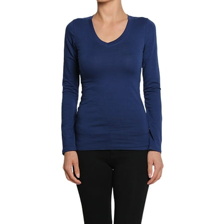 Solid Stretch Jersey - TheMogan Junior's Basic Plain Solid V-Neck Long Sleeve Stretch Cotton Jersey Tee