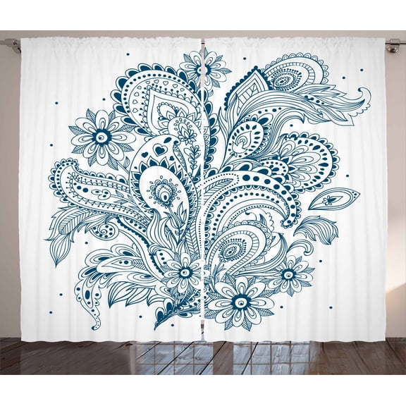 Ambesonne Folk Curtains 2 Panel Set, Ornate Floral Leaf Arrangement, 108" x 84", Dark Blue White