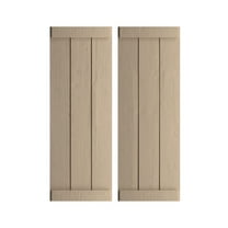 Ekena Millwork 16 1/2"W x 90"H Rustic Three Board Joined Board-n-Batten Rough Cedar Faux Wood Shutters w/End Batten (Per Pair), Primed Tan