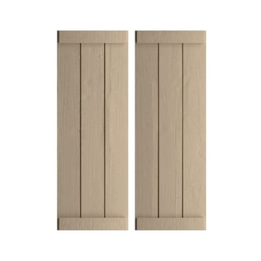 Ekena Millwork 16 1/2"W x 86"H Rustic Three Board Joined Board-n-Batten Rough Cedar Faux Wood Shutters w/End Batten (Per Pair), Primed Tan
