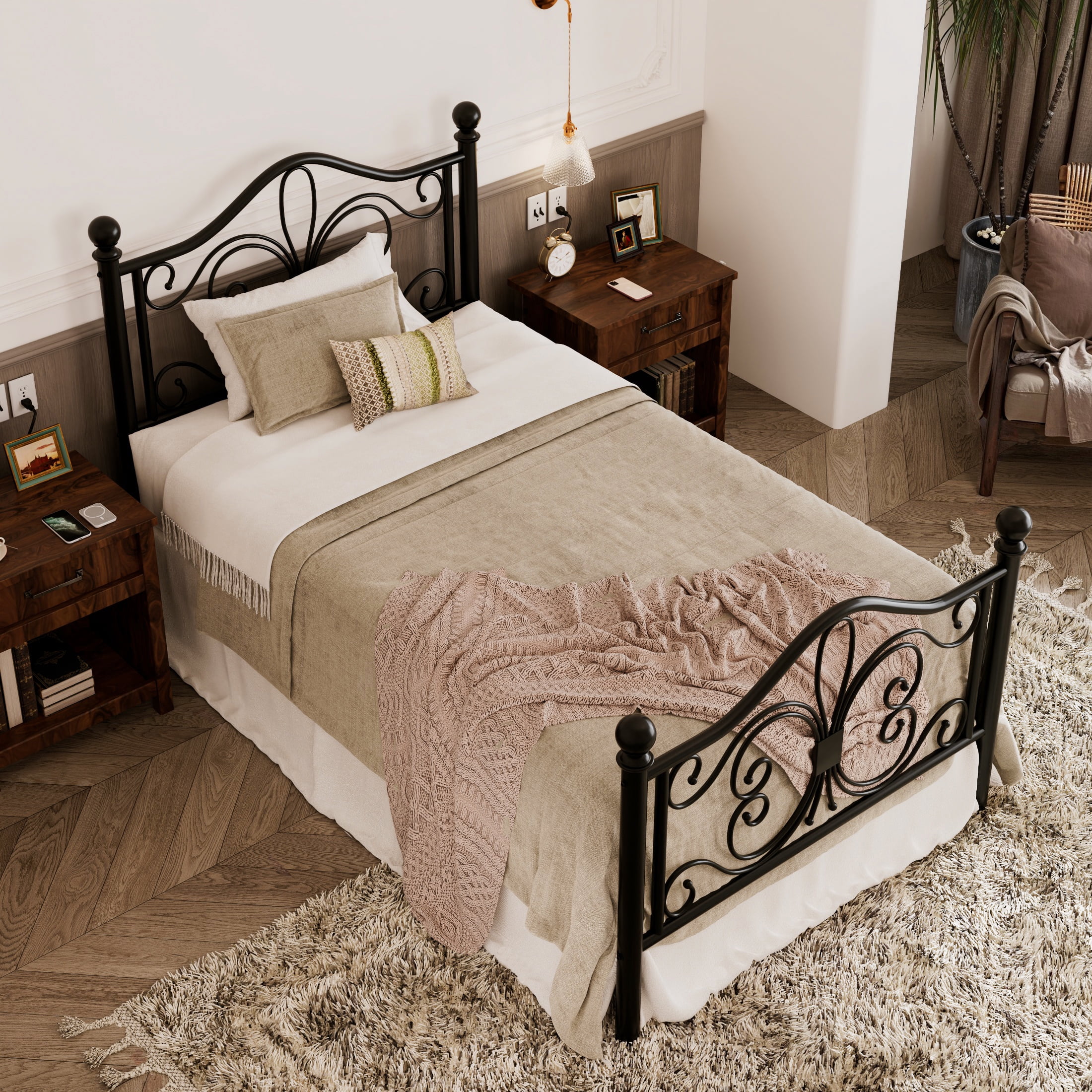 Allewie Twin Size Vintage Metal Bed Frame with Butterfly Pattern Design Headboard & Footboard, Black