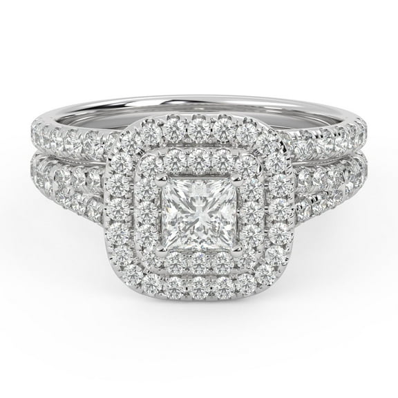 AFFY Shank Double Halo Bridal Set Rings for Women, 1.25 Carat (ctw) Princess And Round Lab Grown Diamond Engagement Wedding Ring 14K White Gold Over 925 Sterling Silver F-G-H, SI Quality Size-4