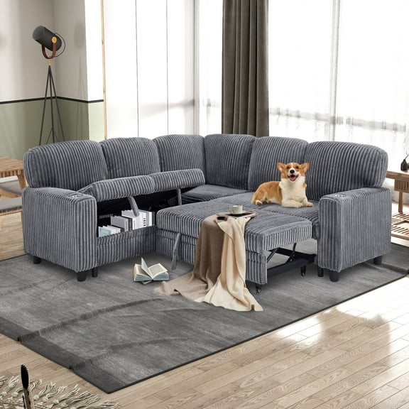 Villeston Plush Corduroy Sleeper Sofa Bed with Storage Seat, Pull Out Couch Bed with USB, Cup Holder, V Shaped Sectional Couches for Living Room, Apartment,Beige