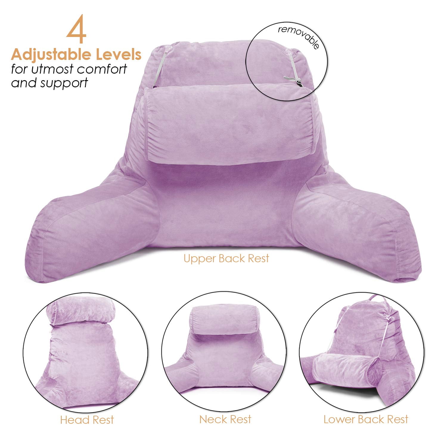 Clara Clark Bed Rest Reading Pillow with Arms and Pockets - Premium Shredded Memory Foam TV Pillow, Detachable Neck Roll & Lumbar Support Pillow, Large, Light Purple