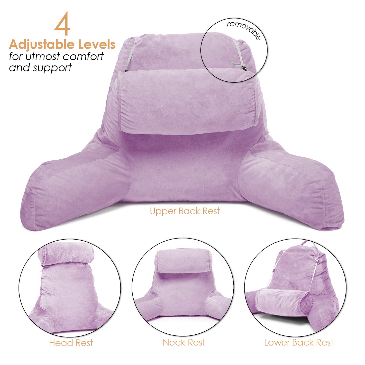 Clara Clark Bed Rest Reading Pillow with Arms and Pockets - Premium Shredded Memory Foam TV Pillow, Detachable Neck Roll & Lumbar Support Pillow, Large, Light Purple - image 3 of 7