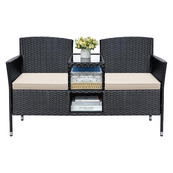 Patio Loveseat Outdoor Wicker Furniture Set with Cushions & Coffee Table for Backyard