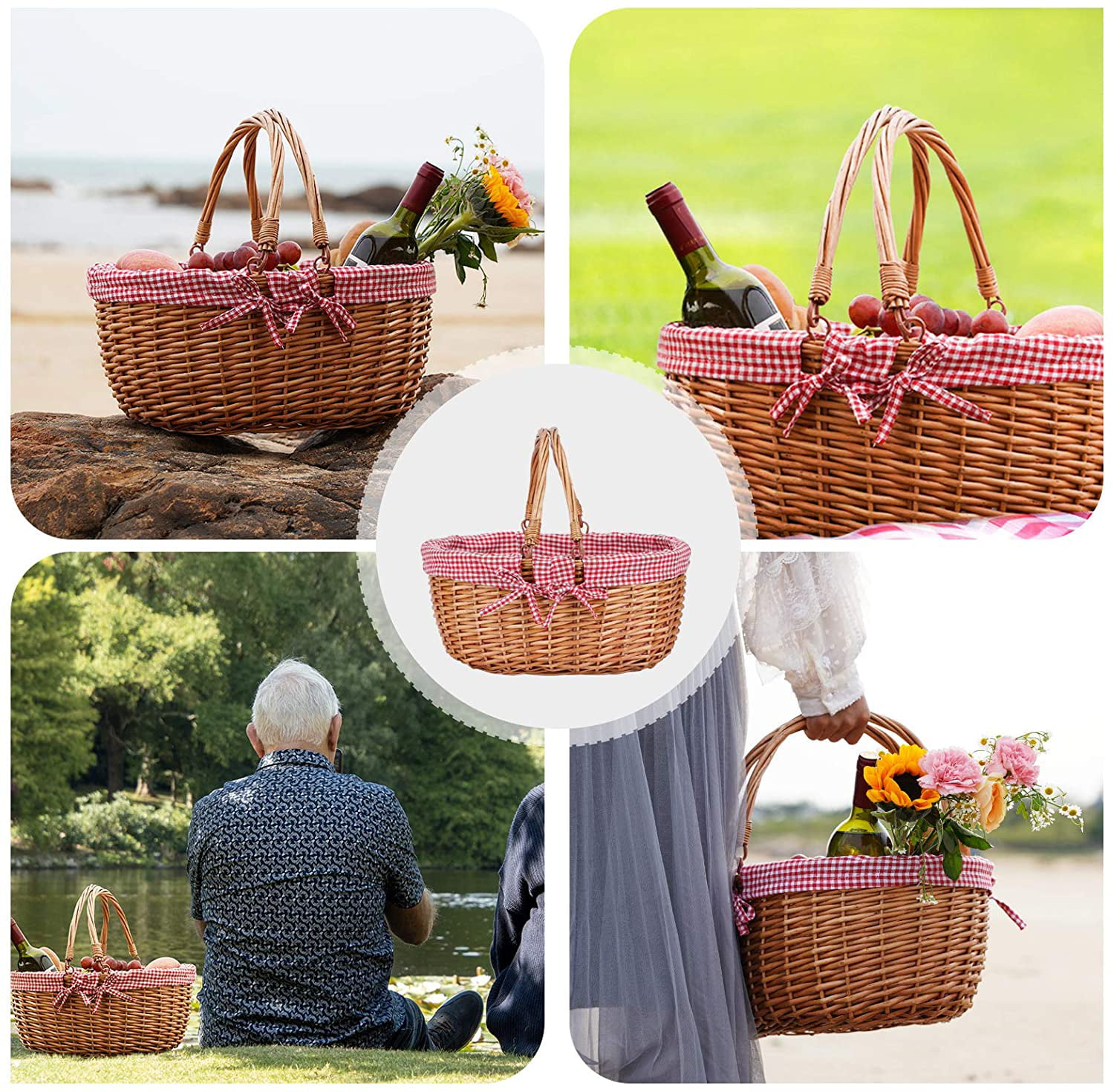 Bath Toy Kids Toy Storage Gift Packing Basket Willow Hand Woven Shopping Basket G GOOD GAIN Oval Picnic Basket with Folding Handles Grey Wicker Empty Easter Eggs and Candy Small Gift Basket