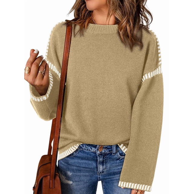 Suéteres para Mujer, Cuello Redondo Liso, Corte Holgado, Larga, Punto en Contraste, Jersey, Tops Caqui S