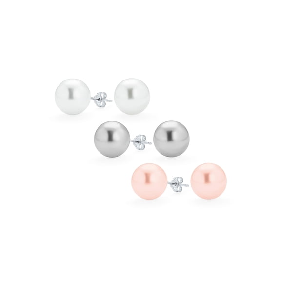 Bling Jewelry Womens Set of 3 Grey Pink White Simulated Pearl Ball Stud Earrings Sterling Silver 12MM