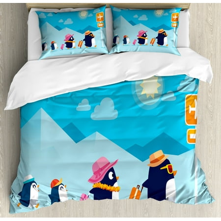 Airport Duvet Cover Set, Cute Cartoon of Funny Penguin Family Go to Tropical Holiday on Way to Airfield, Decorative Bedding Set with Pillow Shams, Multicolor, by (Best Way To Set Up Airport Extreme)