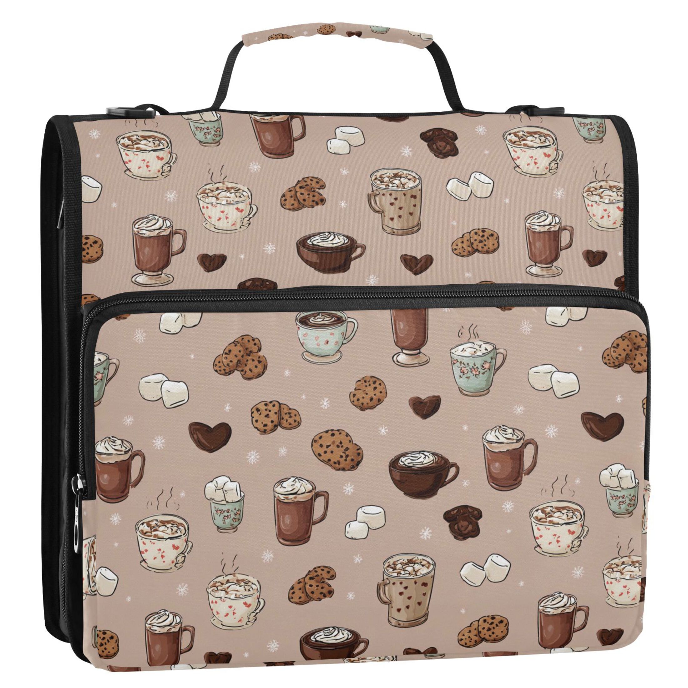 Zipper Binder Coffee Cookies 1.5 Inch Binder Folder Bag with Shoulder Strap and Handle