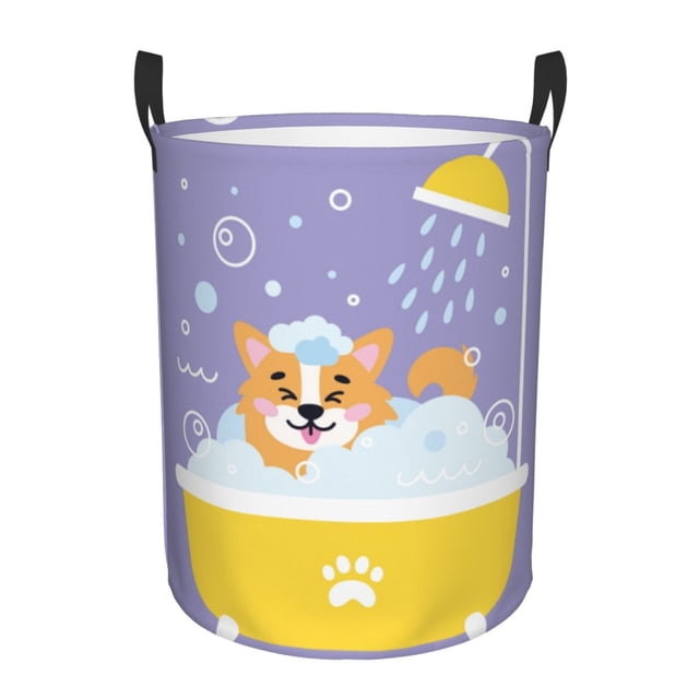 Balery Corgi Washing in Bathtub Cesta de ropa redonda con asas, impermeable, independiente, para ropa, juguetes, dormitorio y familia-Medium