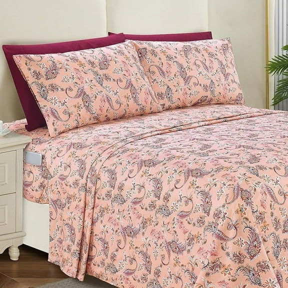 Mocassi Luxury Soft Bed Sheets Paisley Pattern - 1500 Series Hotel Quality Microfiber Softness Wrinkle and Fade Resistant (6-Piece) Bedding Set, California King, Paisley Coral