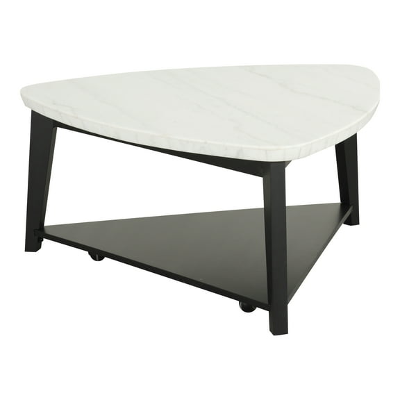 Furniture of America Dorth Marble Top 1-Shelf Triangle Coffee Table with Casters, White and Black