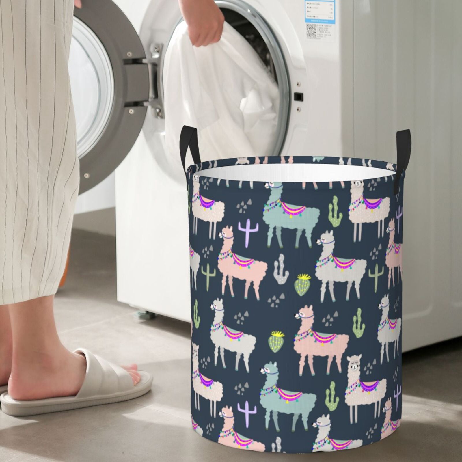 Large Laundry Basket with Handles - alpacas llama cactus navyblue Kids Baby Dirty Clothes Laundry Hamper for Bedroom Aesthetic