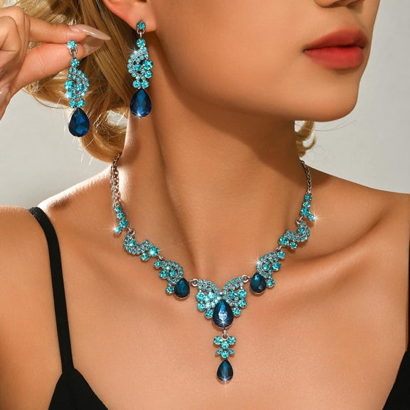 Super Shiny Water Drop Full Rhinestone Necklace Earrings Jewelry Set Luxury Crystal Bridal Jewelry Set for Wedding Party Prom