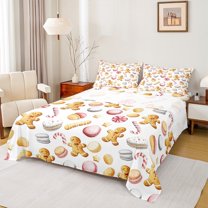 Homewish Macaron Candy Cane Full Size Sheets,Sweet Christmas Dessert Bed Sheets,Cute Cartoon Gingerbread Man Sheet Sets For Boys Girls,Microfiber Bedroom Decor,4-Piece