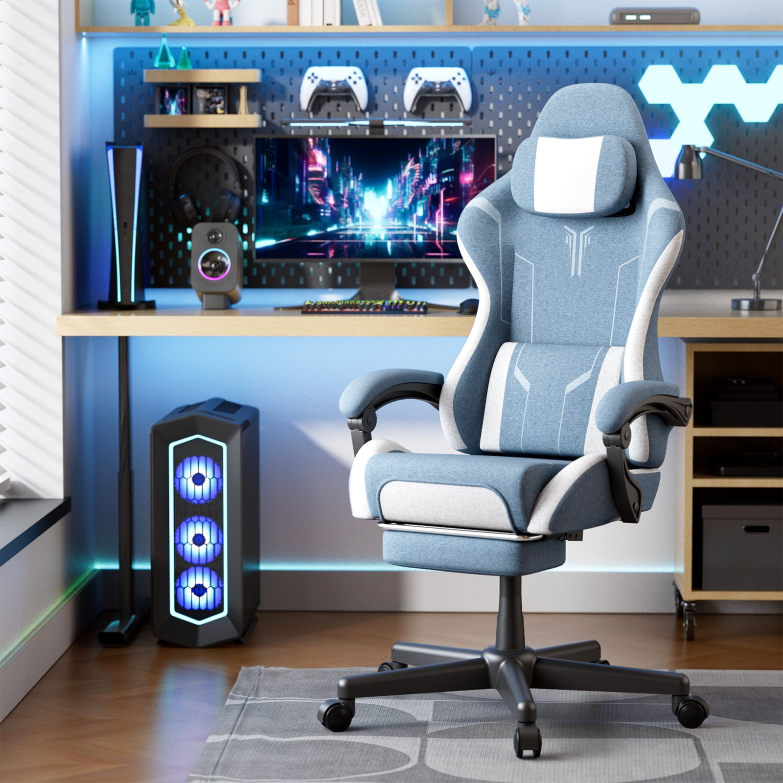 SOONTRANS Gaming Chair for Adults, Leather Office Chair with Footrest & Massage Lumbar Support, High Back Gamer Game Chairs, Blue/White