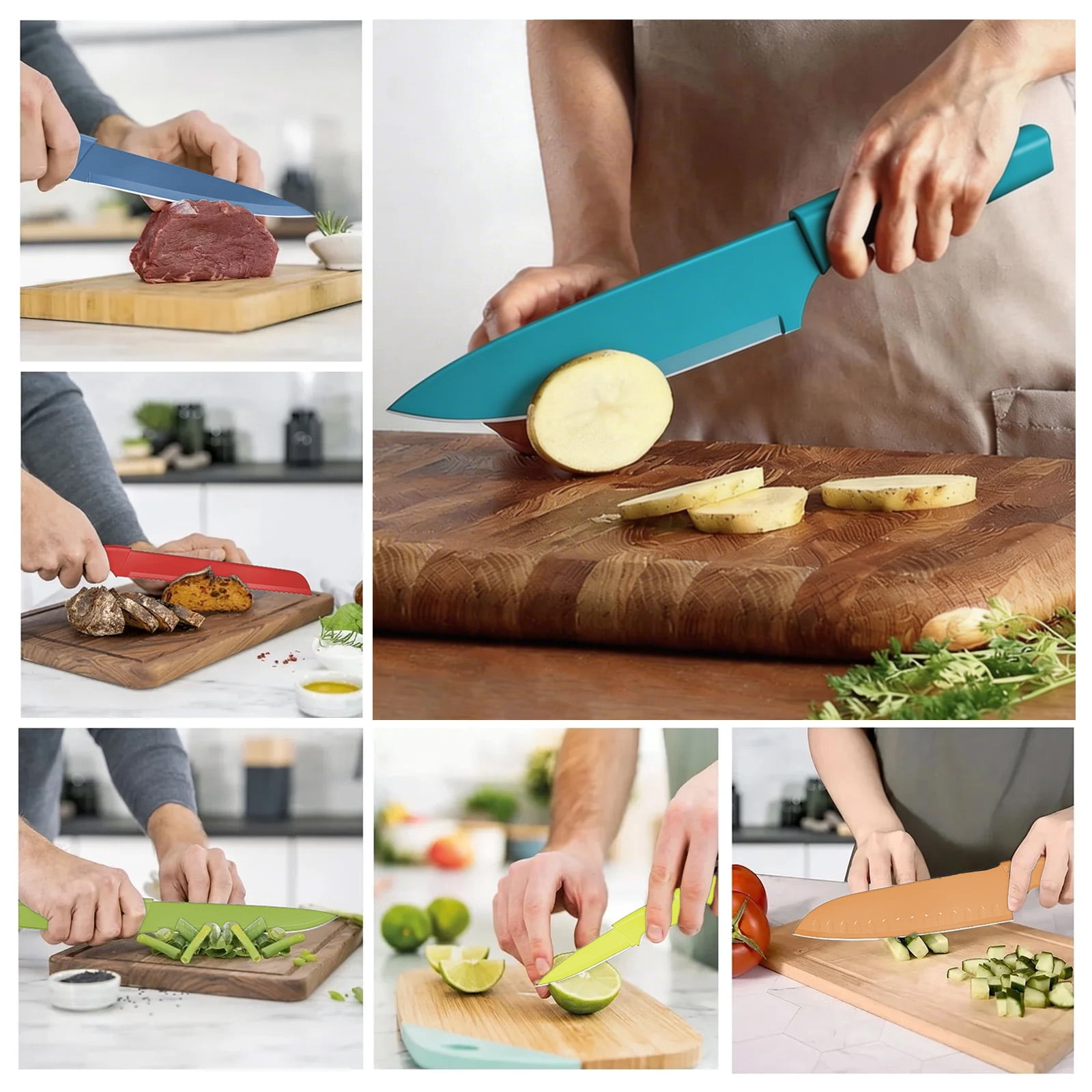 13 Pcs Kitchen Knife Set, Stainless Steel Chef Knives with Sharpener & Blade Guards, Non-Stick Coating, Dishwasher Safe, Multicolor