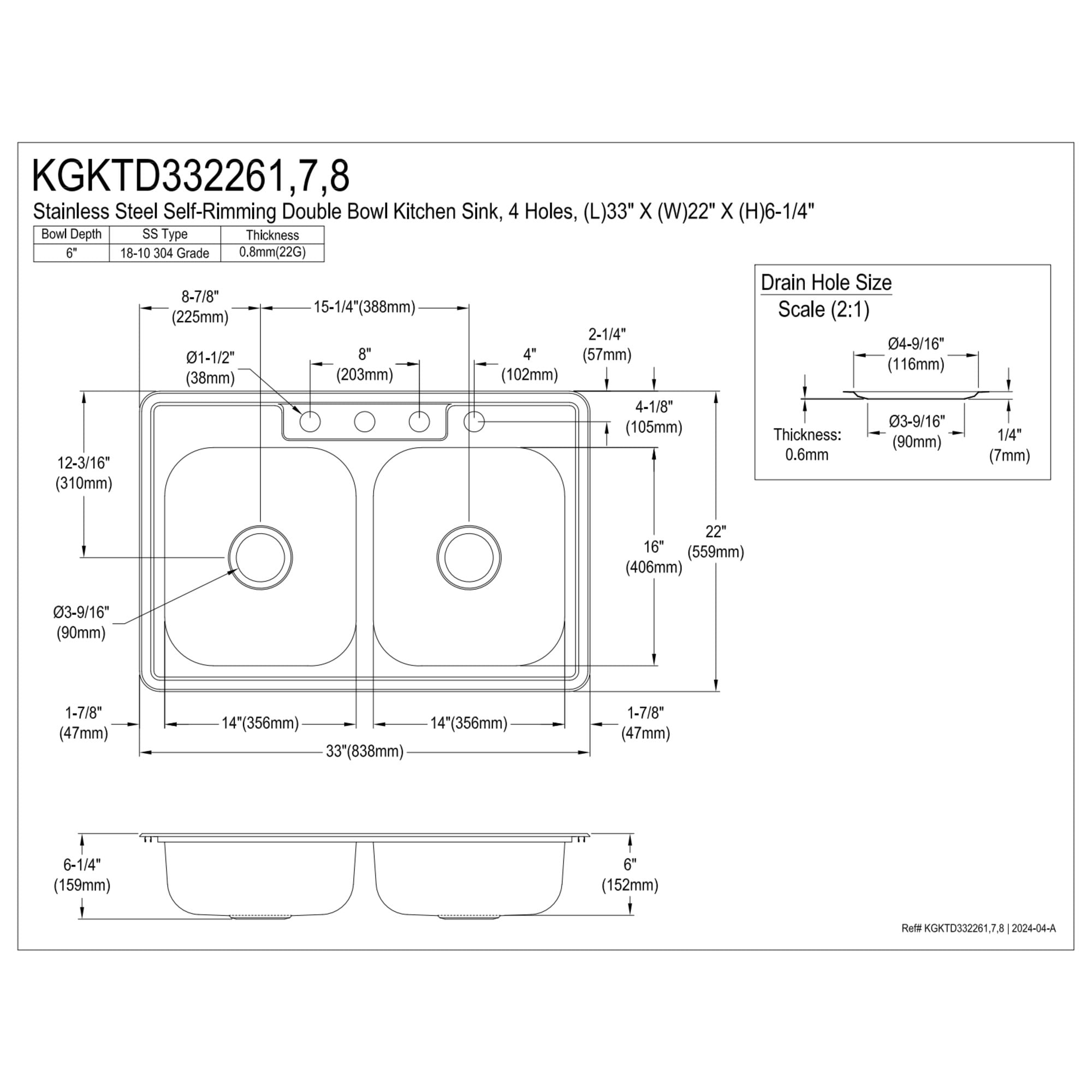 Kingston Brass Studio KGKTD332267 33" Stainless Steel Self-Rimming Double Bowl Drop-In Kitchen Sink with 4-Hole Drain and Strainer, Stainless Steel/Brushed Brass