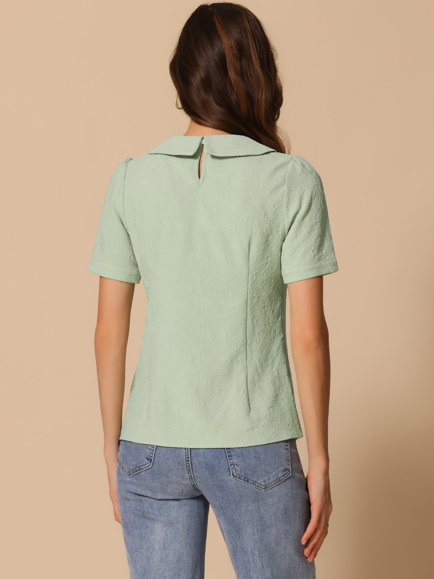 DARING DIVA Floral Puff Kawaii Peter Pan Collar Blouse M Light Green