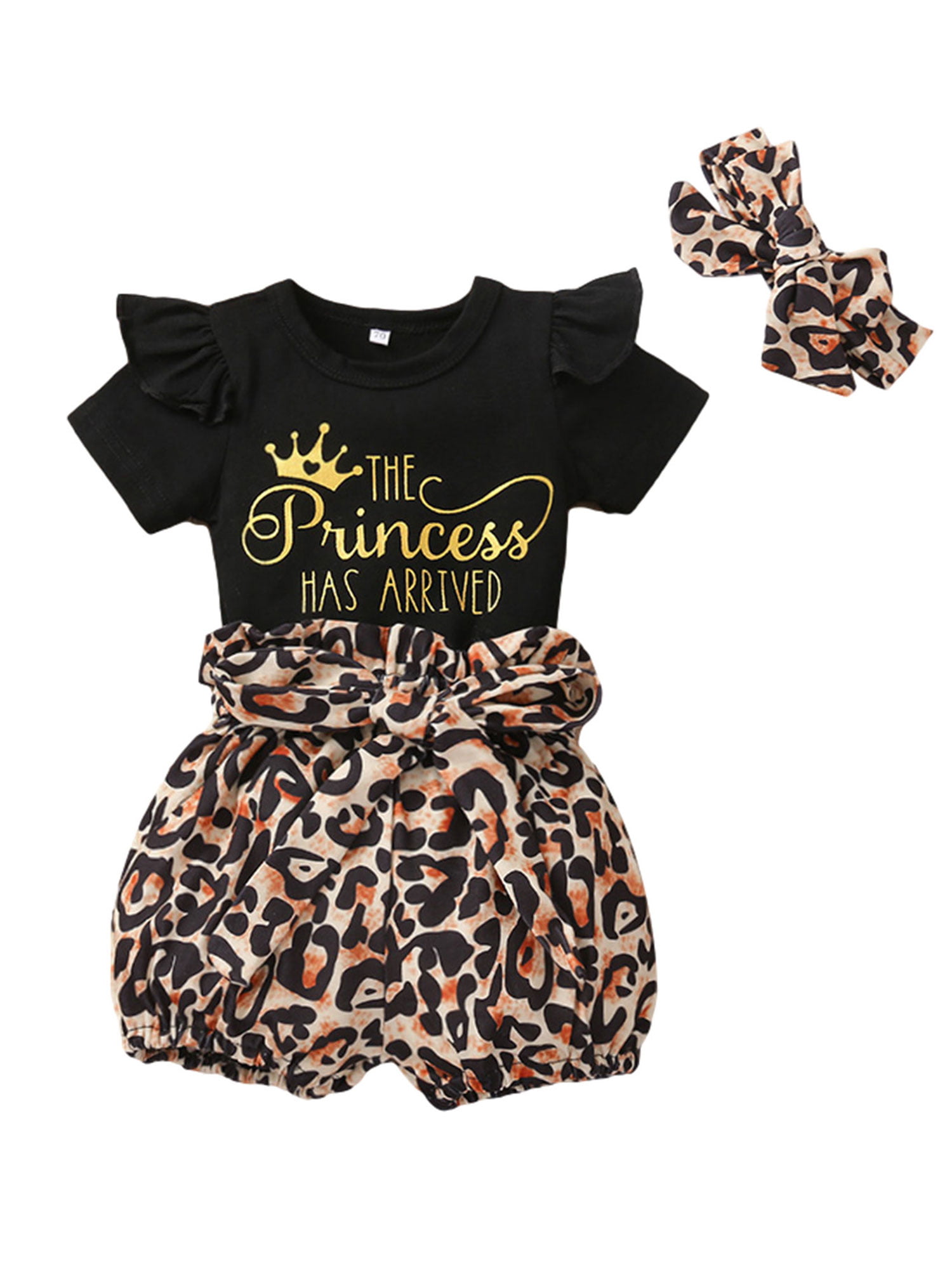 3PCS Newborn Baby Girls Letter Print Romper Tops Leopard Shorts Clothes Outfits 