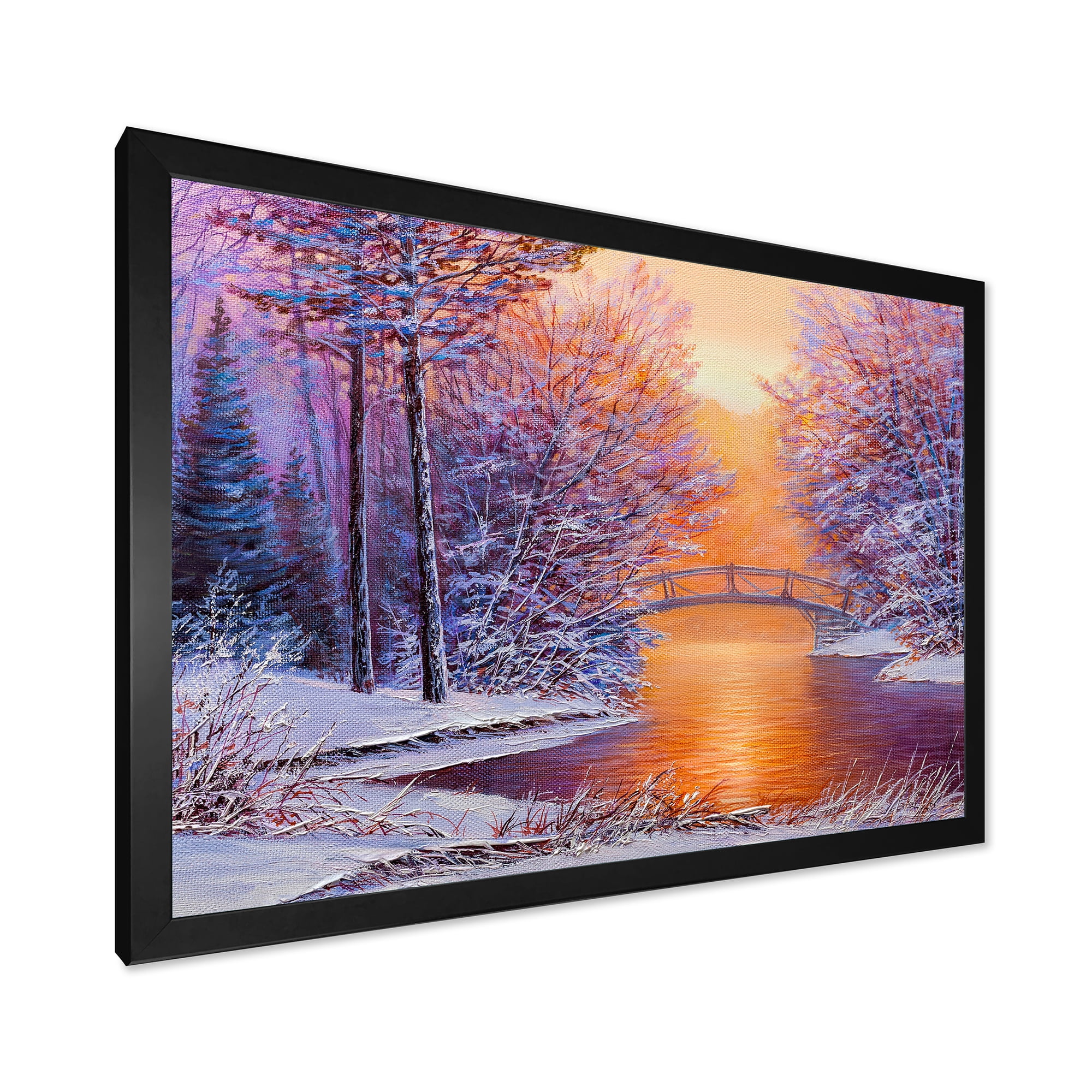 Designart 'Winter Landscape With Bridge Over The River' Traditional Framed Art Print