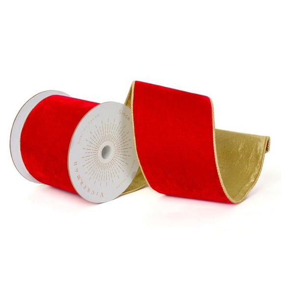 Vickerman QK242185 4 in. x 10 Yards Red Velvet Gold Trim & Backing Wired Ribbon