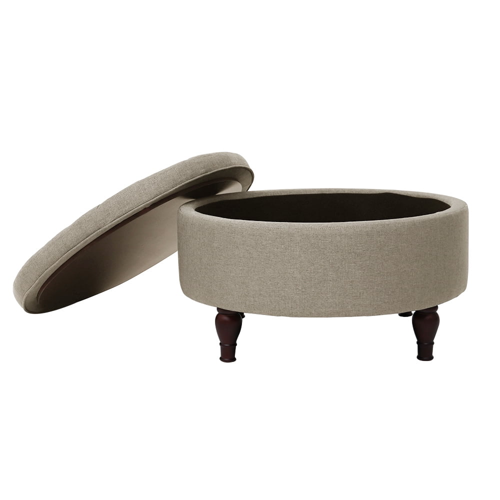 Abble 32" Beige Fabric Upholstered Buttons Tufted Round Storage Cocktail Ottoman
