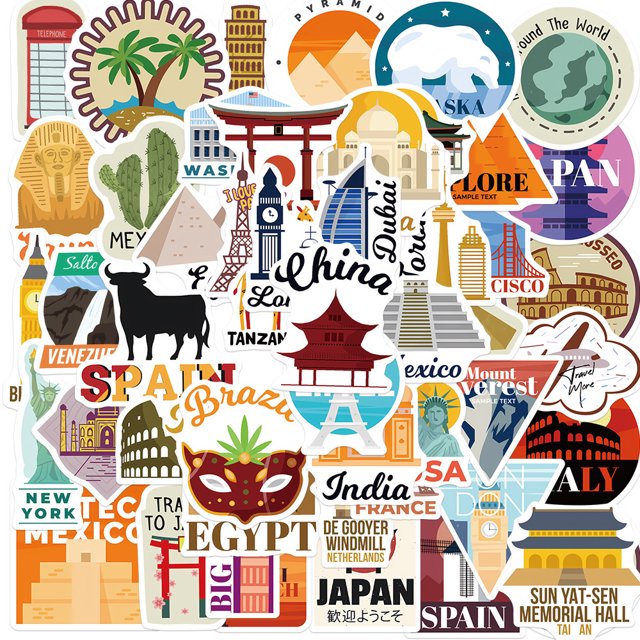 Juego de pegatinas World City Landmark, estilo grafiti, 50 unidades