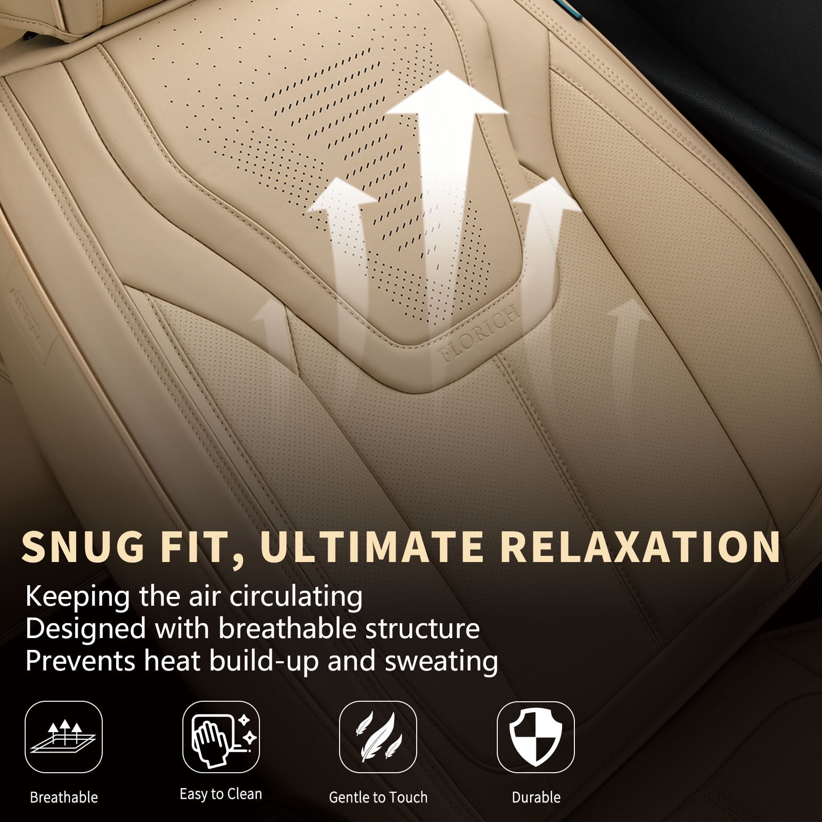 FLORICH Front Car Seat Covers, Luxury Faux Leather Seat Protectors, Automotive Seat Cushions Universal Fit for Most Cars Trucks SUV, Beige