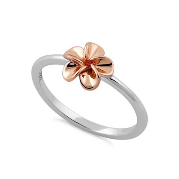 925 Sterling Silver Platinum Plated Rose Gold Plumeria Women Ring