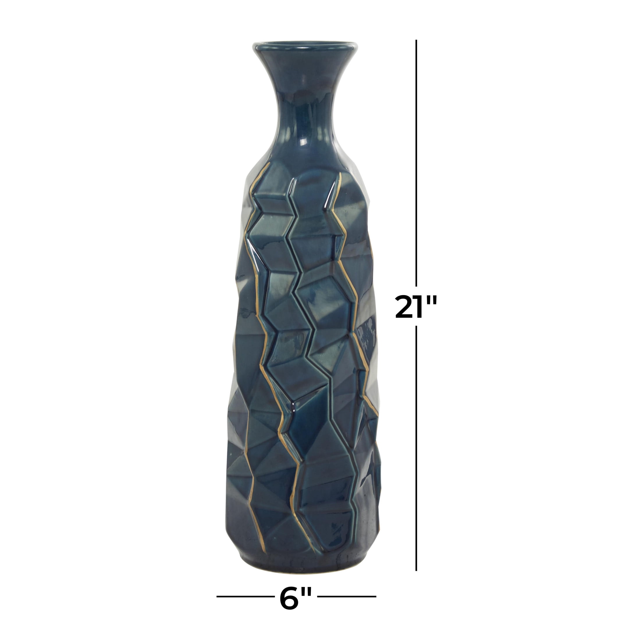 DecMode 21" Geometric Floor Teal Ceramic Vase with Gold Accents