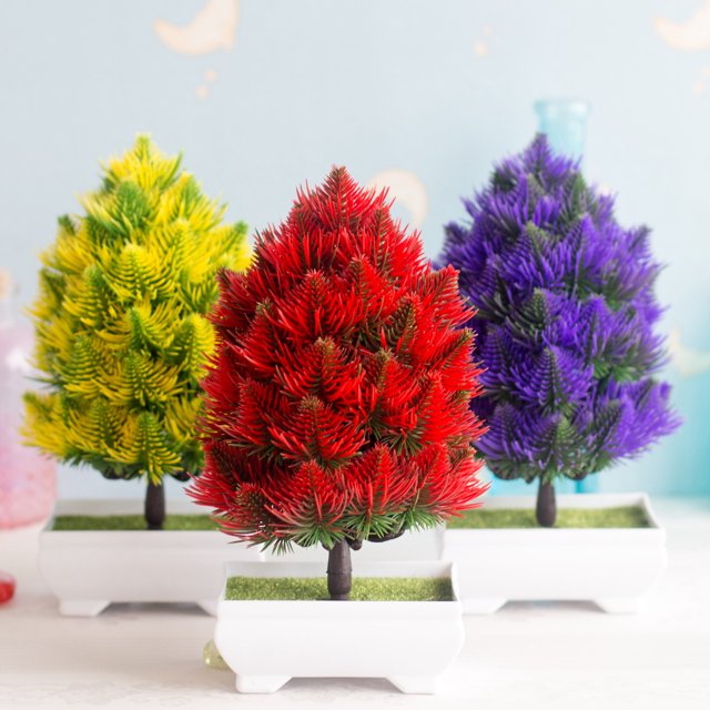 Bonsái de pino artificial, árbol de pino de Navidad, simulación de bonsái, plantas artificiales decorativas, plantas en macetas falsas, adornos verdes, decoración del hogar, decoración de oficina, rojo, morado, amarillo, 3 piezas Rojo Verde