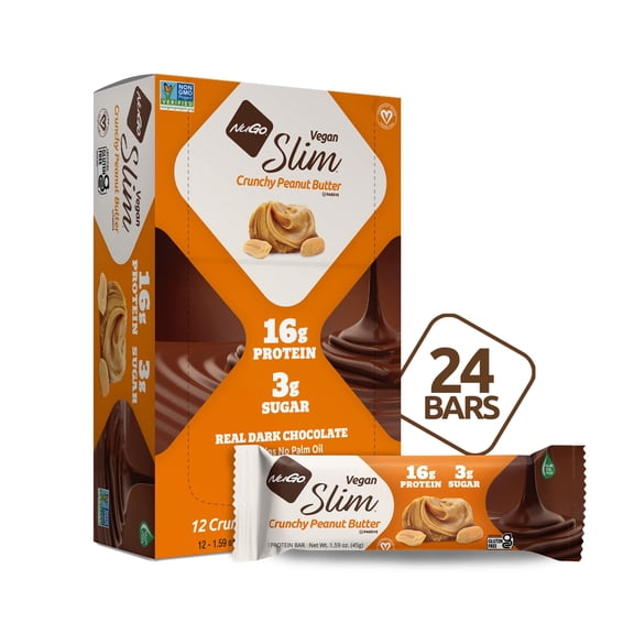 NuGo Slim Dark Chocolate Crunchy Peanut Butter, 17g Vegan Protein, 3g Sugar, 7g Fiber, 180 Calories, Low Net Carbs, Gluten Free, 24 Count